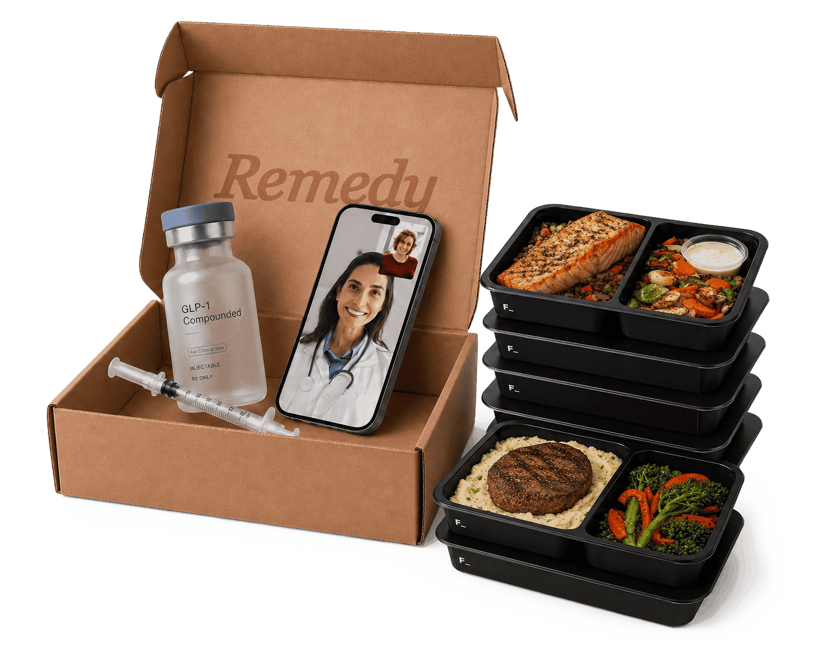 An open Remedy × Factor delivery box with stacked Factor meals